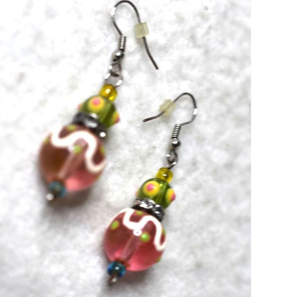 Vintage Art Deco Pink/Green Glass Lampwork Rhinestone Accents 1.5"Hook Earrings